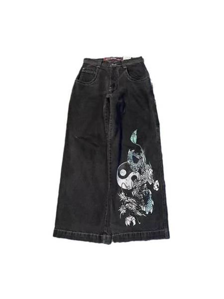 Transfronteiras JNCO Y2K Loose jeans masculino padrão hip-hop rua home homem calças largas