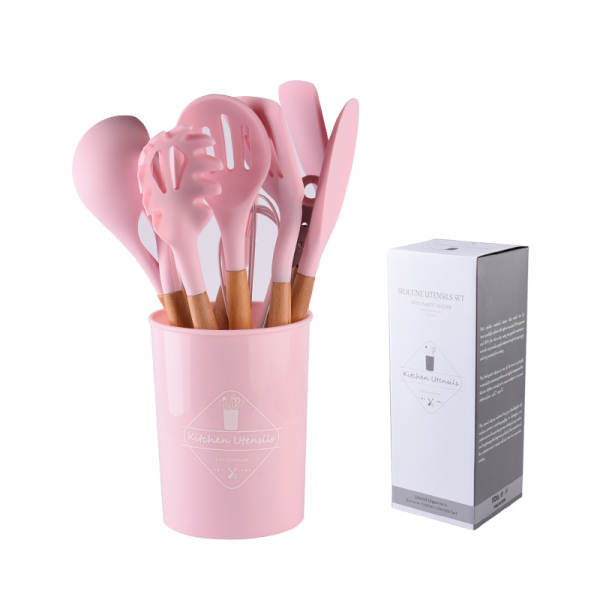 Conjunto de 12 Utensílios de Silício com Cabos de Madeira