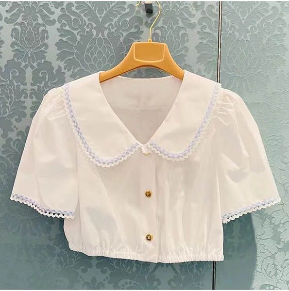 Miu Mu branco curta-metragem boneca colar colarinho doce camisa doce colar doce do verão 2024