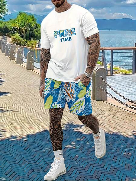 Homens Verão Novo Modelo Europeu-Americano Graduado 2 Peças Com 3D Impressão Digital Esporte Recreação Roda Redonda T-Shirt