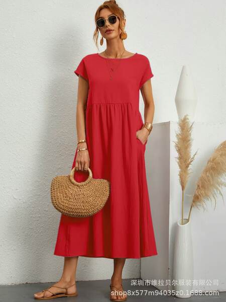 Vestido curto de manga com bolsos