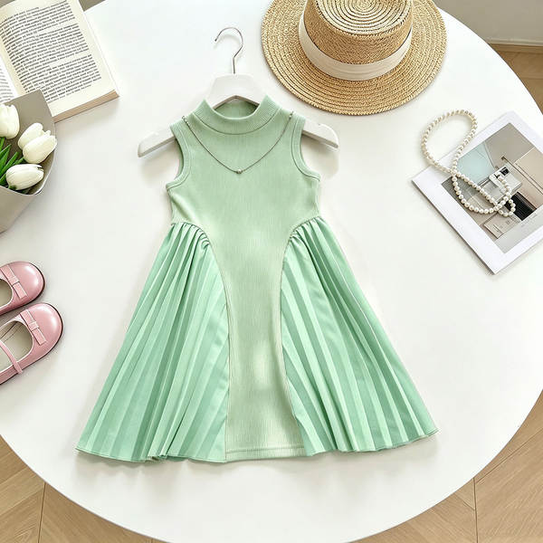 Mulheres transfronteiriças vestido de verão estilo europeu e americano de alta qualidade penteado recebendo cintura sem mangas vestido de vestido + colar