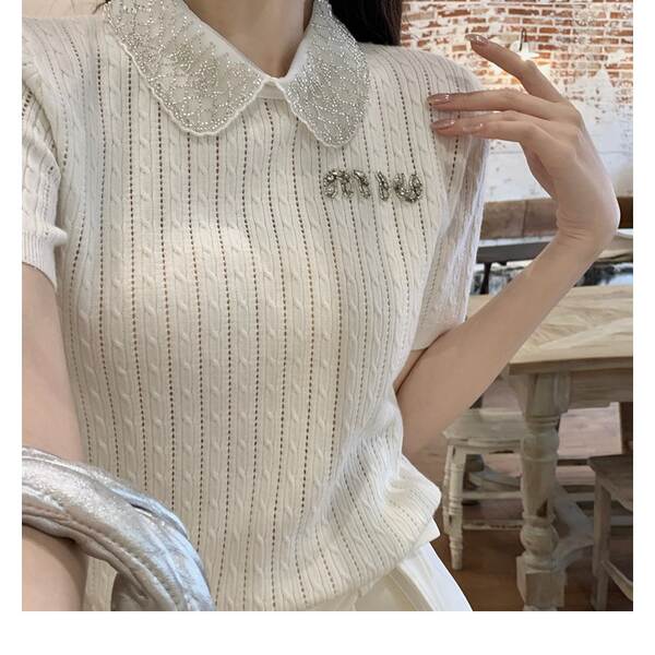 Listen doce oferta primavera miu casaco de boneca branco de mangas curtas de trabalho pesado T-shirt de borracha de verão