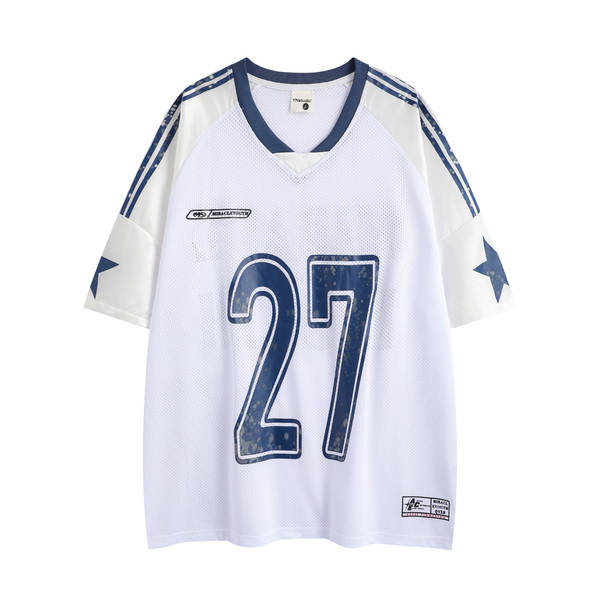 Vestido masculino de verão de 2025 novo modelo de camisa de futebol americana com ombros de camisa esportiva com mangas curtas para homens