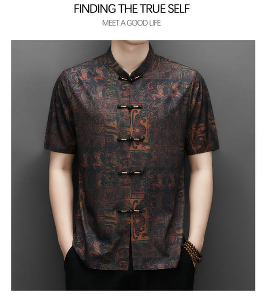 2026 verão velho homem chinês pai vestido de chinês velho de mãos curtas homem vestido de estilo nacional camisa masculina