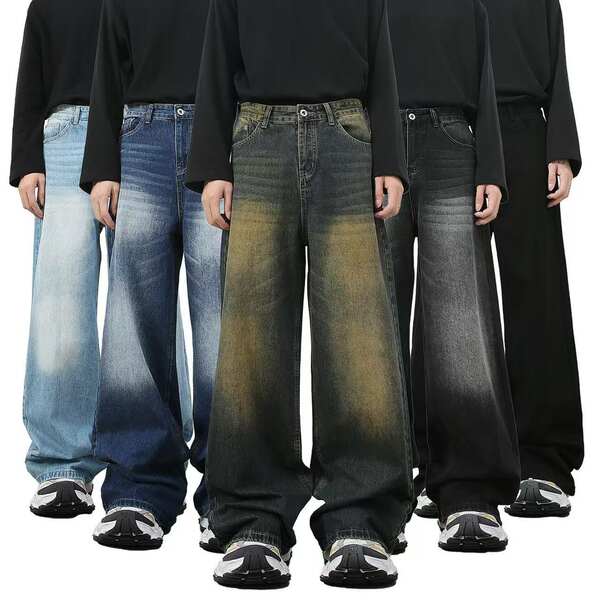 Venda direta de jeans americanos vintage para homens lavagem de água relaxante para homens com as pernas largas