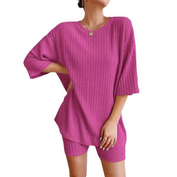 Novo modelo europeu-americano de moda de lazer de 2026, cor pura da primavera, colar redondo, roupas femininas de calça curta