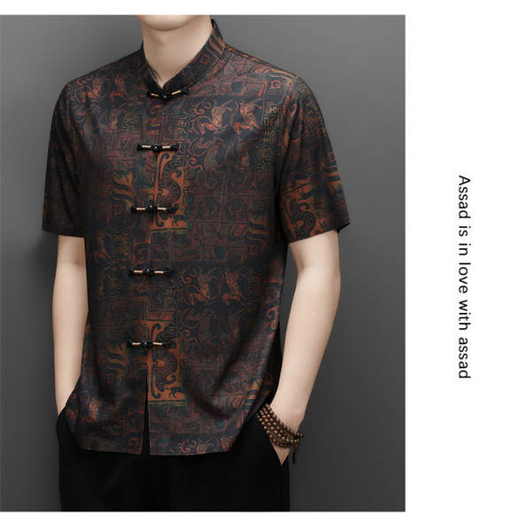 2026 verão velho homem chinês pai vestido de chinês velho de mãos curtas homem vestido de estilo nacional camisa masculina