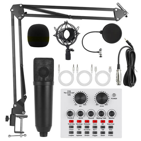 Transfronteiriço V8 Inglês de transmissão ao vivo da placa de som bm800 microfone bater de braço do telefone celular kit de cartão de voz podcast completo