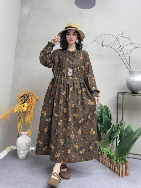 Vestido de manga longa em algodão e linho
