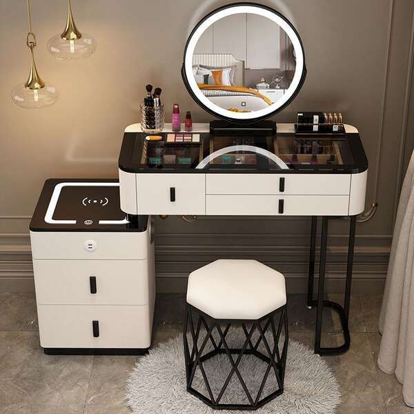 Piso de maquiagem inteligente com carregamento sem fio de luxo da mesa de maquiagem de quarto nórdica moderna simples e multifuncional de madeira