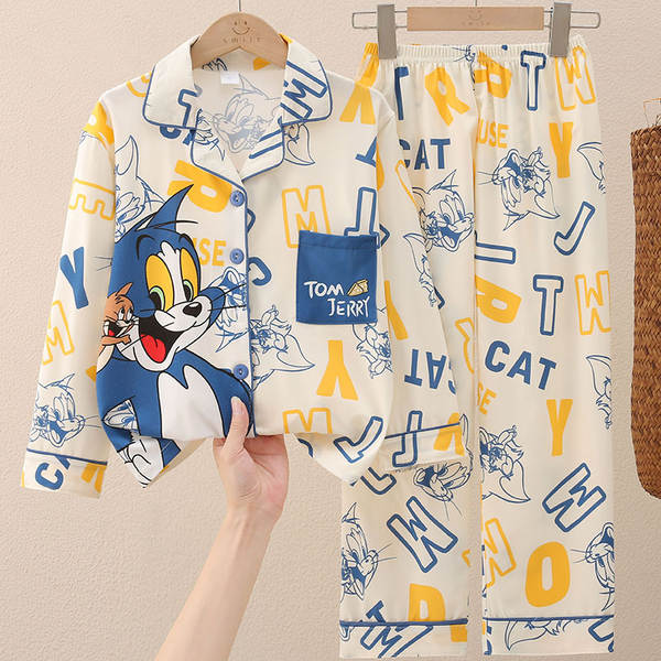 Crianças do Sudeste Asiático roupas de dormir meninos com mangas compridas calças bonitas desenhos animados primavera outono roupas para meninos vestir em casa no verão