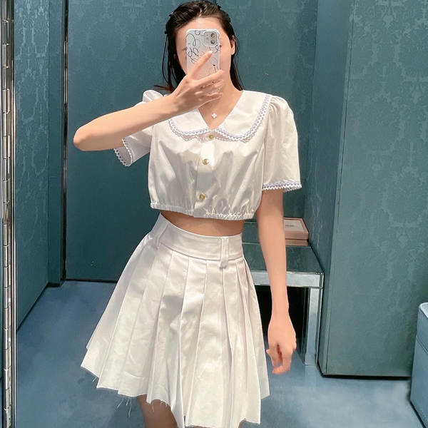 Miu Mu branco curta-metragem boneca colar colarinho doce camisa doce colar doce do verão 2024