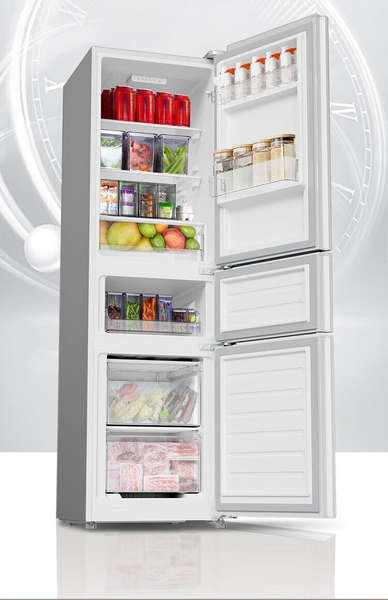 Pequeno frigorífico de 215 litros para casa de três portas de pequeno porte para casa de três temperaturas de economia de energia para operação silenciosa de refrigeração