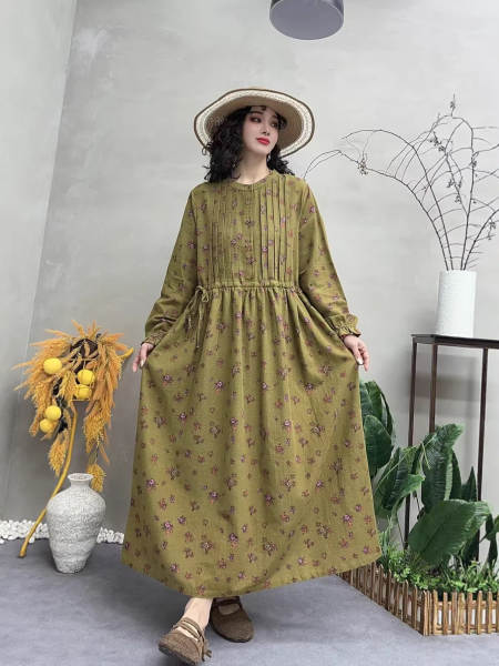 Vestido de manga longa em algodão e linho