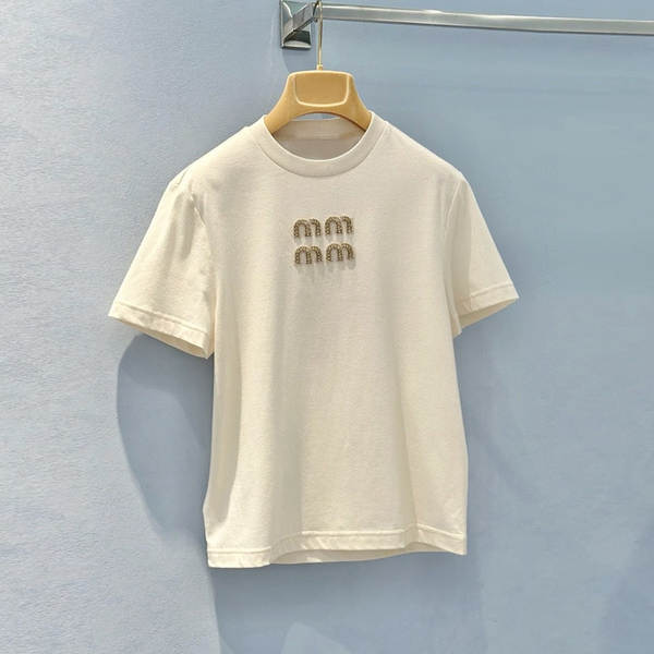 MiuWind 2025 Primavera Camiseta de cristal pesado de mão letras de caroço para perfuração doce menina amarela camisa de mangas curtas