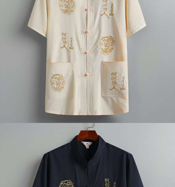 Camisa curta masculina de seda com dragão