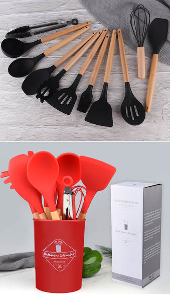 Conjunto de 12 Utensílios de Silício com Cabos de Madeira