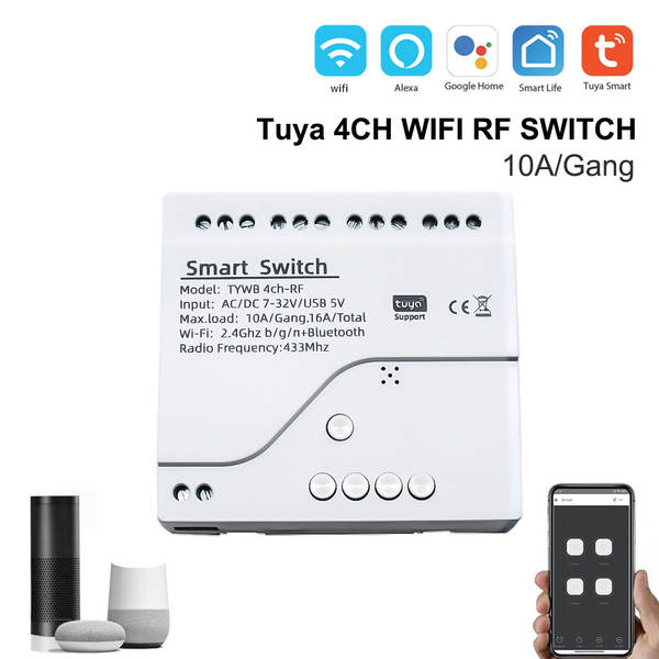 Tuya WIFI Inteligente 4CH receptor módulo sem fio tempo de voz controle remoto 7-32V