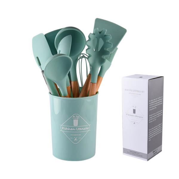 Conjunto de 12 Utensílios de Silício com Cabos de Madeira