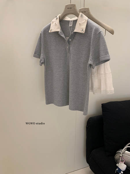 WGWE Faculdade de High-Science MIU Faculdade de moda de mangas de mão POLO Lider de mangas curtas T-Shirt W5856