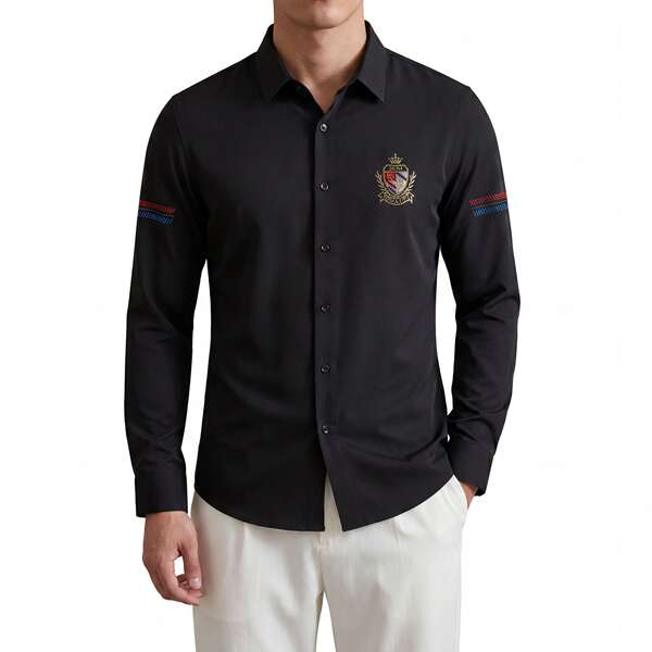 Vestido masculino leve e luxuoso sensível 3D digital impressão emblema corpo livre de calor longas mangas camisa masculina fornecimento grossista transfronteiriço