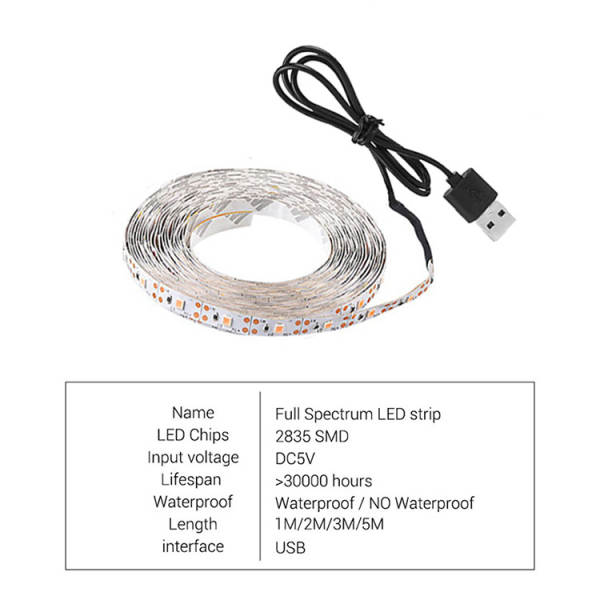 Luz transfronteiriça de crescimento de plantas USB 5V2835LDE todo o espectro impermeável luz de plantas vermelho-azul espectro de iluminação complexa