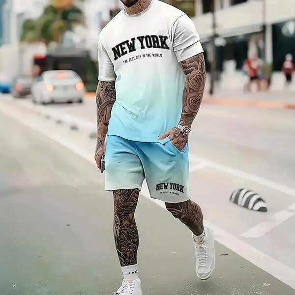 Homens Verão Novo Modelo Europeu-Americano Graduado 2 Peças Com 3D Impressão Digital Esporte Recreação Roda Redonda T-Shirt