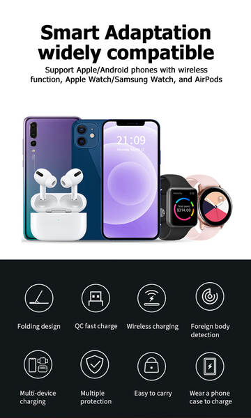 Carregador sem fio transfronteiriço de três em um Carregador sem fio duplo para carregamento rápido para Apple/Samsung
