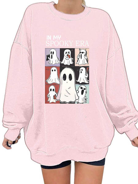 T-shirt feminino de Halloween bonito fantasma padrão de mangas compridas T-shirt de outono horrível