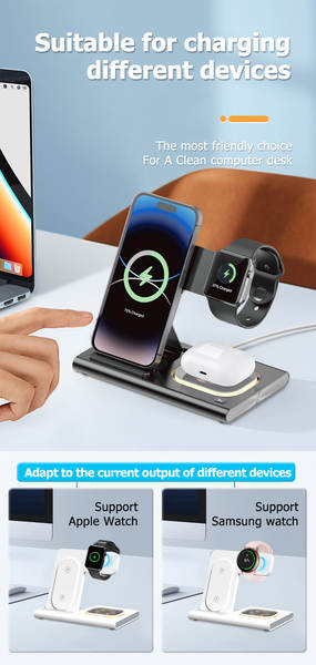 Carregador sem fio transfronteiriço de três em um Carregador sem fio duplo para carregamento rápido para Apple/Samsung