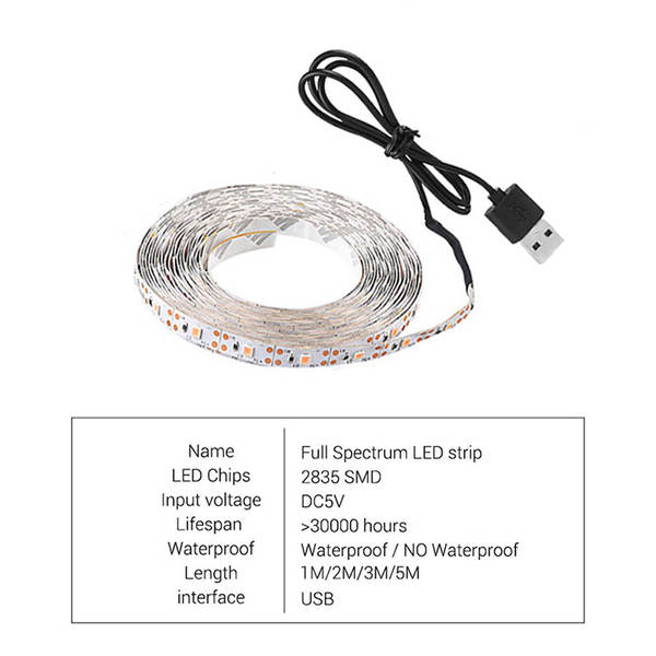 Luz transfronteiriça de crescimento de plantas USB 5V2835LDE todo o espectro impermeável luz de plantas vermelho-azul espectro de iluminação complexa