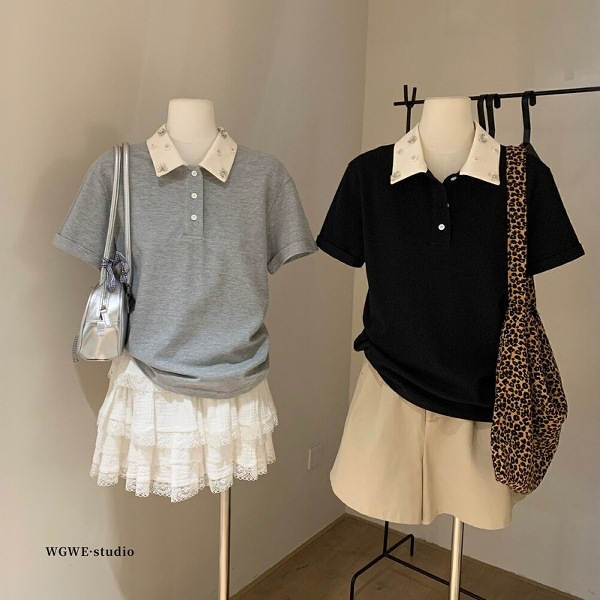WGWE Faculdade de High-Science MIU Faculdade de moda de mangas de mão POLO Lider de mangas curtas T-Shirt W5856