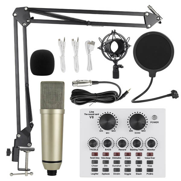 Transfronteiriço V8 Inglês de transmissão ao vivo da placa de som bm800 microfone bater de braço do telefone celular kit de cartão de voz podcast completo
