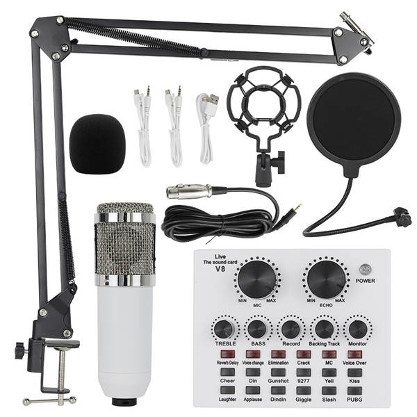 Transfronteiriço V8 Inglês de transmissão ao vivo da placa de som bm800 microfone bater de braço do telefone celular kit de cartão de voz podcast completo