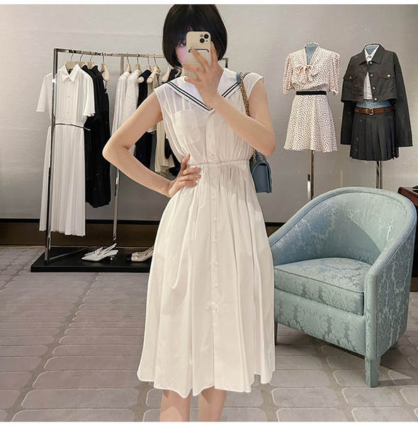 Vestido branco da Marinha sem mangas no calcanhar do colégio do estilo da garota doce do verão novo