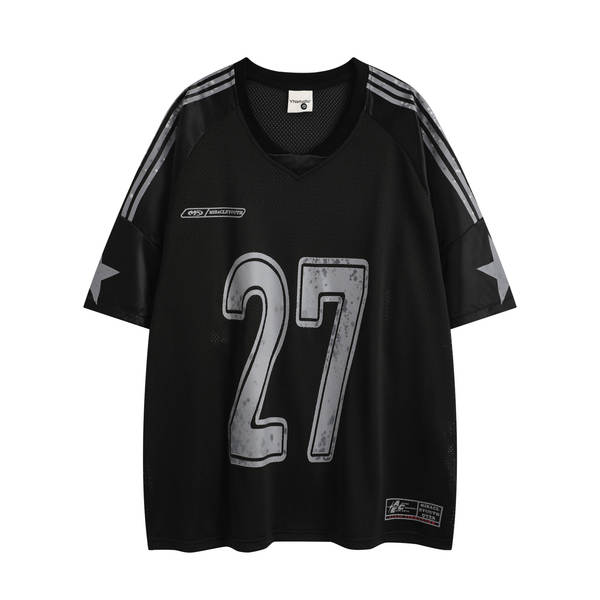Vestido masculino de verão de 2025 novo modelo de camisa de futebol americana com ombros de camisa esportiva com mangas curtas para homens