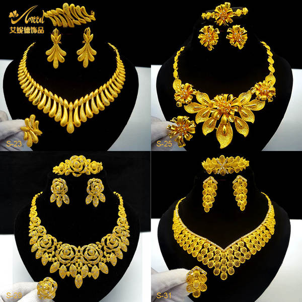 Jóias de Dubai 24k de ouro da noiva coleção de jóias colar colares orelhas do Oriente Médio Dubai ouro de casamento jóias quatro conjuntos