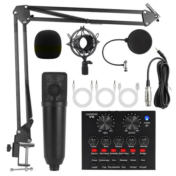 Transfronteiriço V8 Inglês de transmissão ao vivo da placa de som bm800 microfone bater de braço do telefone celular kit de cartão de voz podcast completo