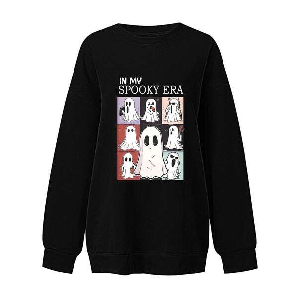 T-shirt feminino de Halloween bonito fantasma padrão de mangas compridas T-shirt de outono horrível