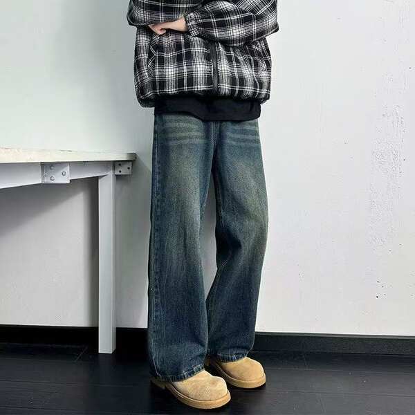Venda direta de jeans americanos vintage para homens lavagem de água relaxante para homens com as pernas largas