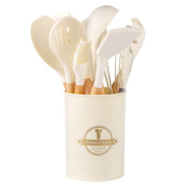 Set de utensílios de cozinha de silício branco de madeira 12 peças do kit de utensílios de cozinha da Amazon