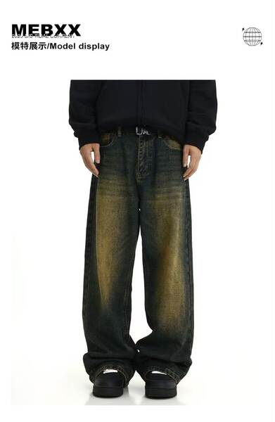 Venda direta de jeans americanos vintage para homens lavagem de água relaxante para homens com as pernas largas