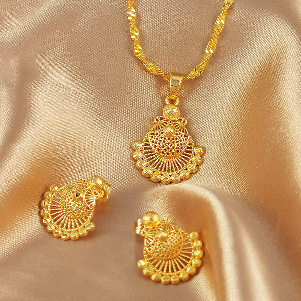 2 peças de estilo do Oriente Médio encantador geométrico 24K revestimento de ouro Dubai colar menina orelhas joias festa presente