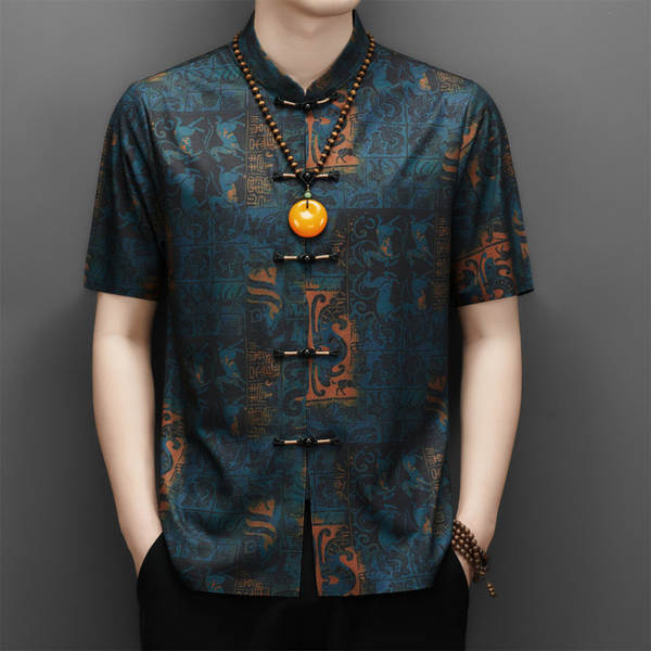 2026 verão velho homem chinês pai vestido de chinês velho de mãos curtas homem vestido de estilo nacional camisa masculina
