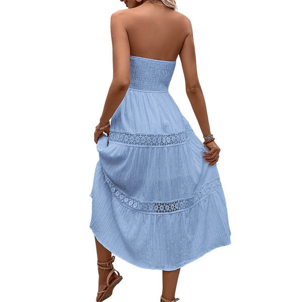 Vestido longo de renda com babados