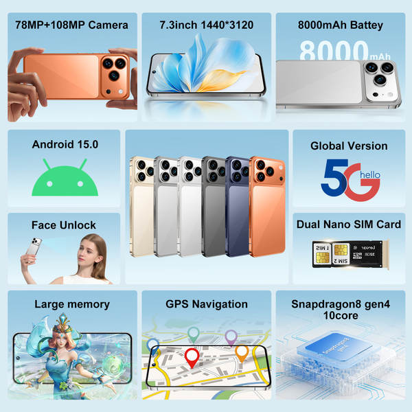 Novo i17Pro max celular transfronteiriço global versão 5g grande ecrã Android smartphone 12+512 celular de comércio exterior