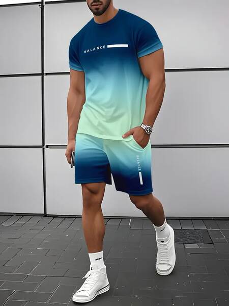Homens Verão Novo Modelo Europeu-Americano Graduado 2 Peças Com 3D Impressão Digital Esporte Recreação Roda Redonda T-Shirt