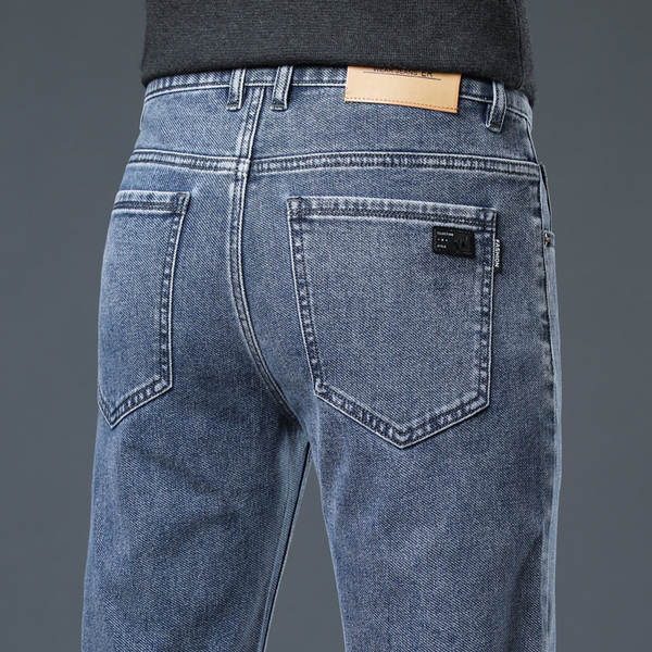 2026 Outono novo jeans masculino revestimento retangular elástico grosso modelo macio confortável masculino calças compridas