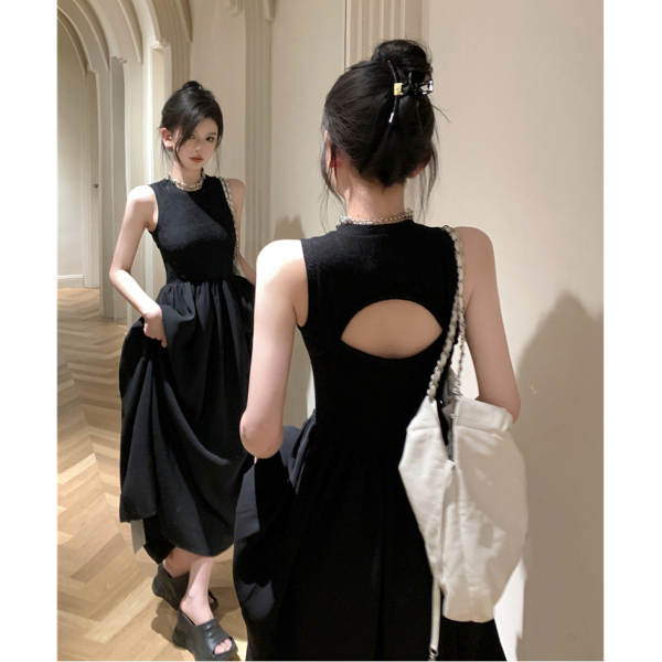 2026 novo modelo francês vintage chic colar calcanhar vestido de calçado sem mangas design sensação de costas vazio vestido feminino